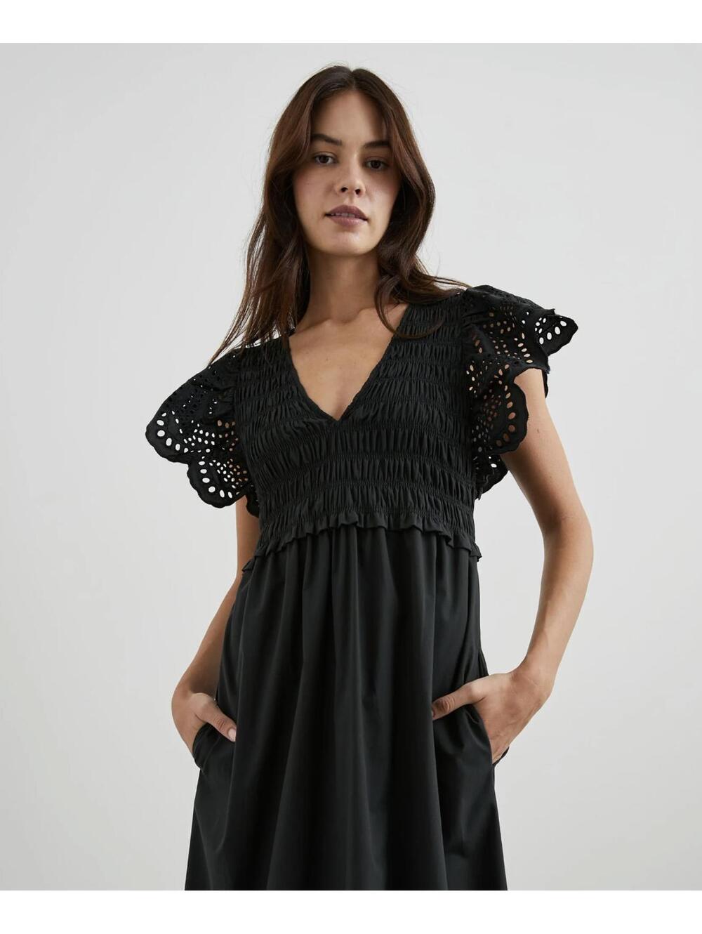 Rails Clementine Dress Size Small Black Eyelet Midi Dress Cotton w/ Pockets
